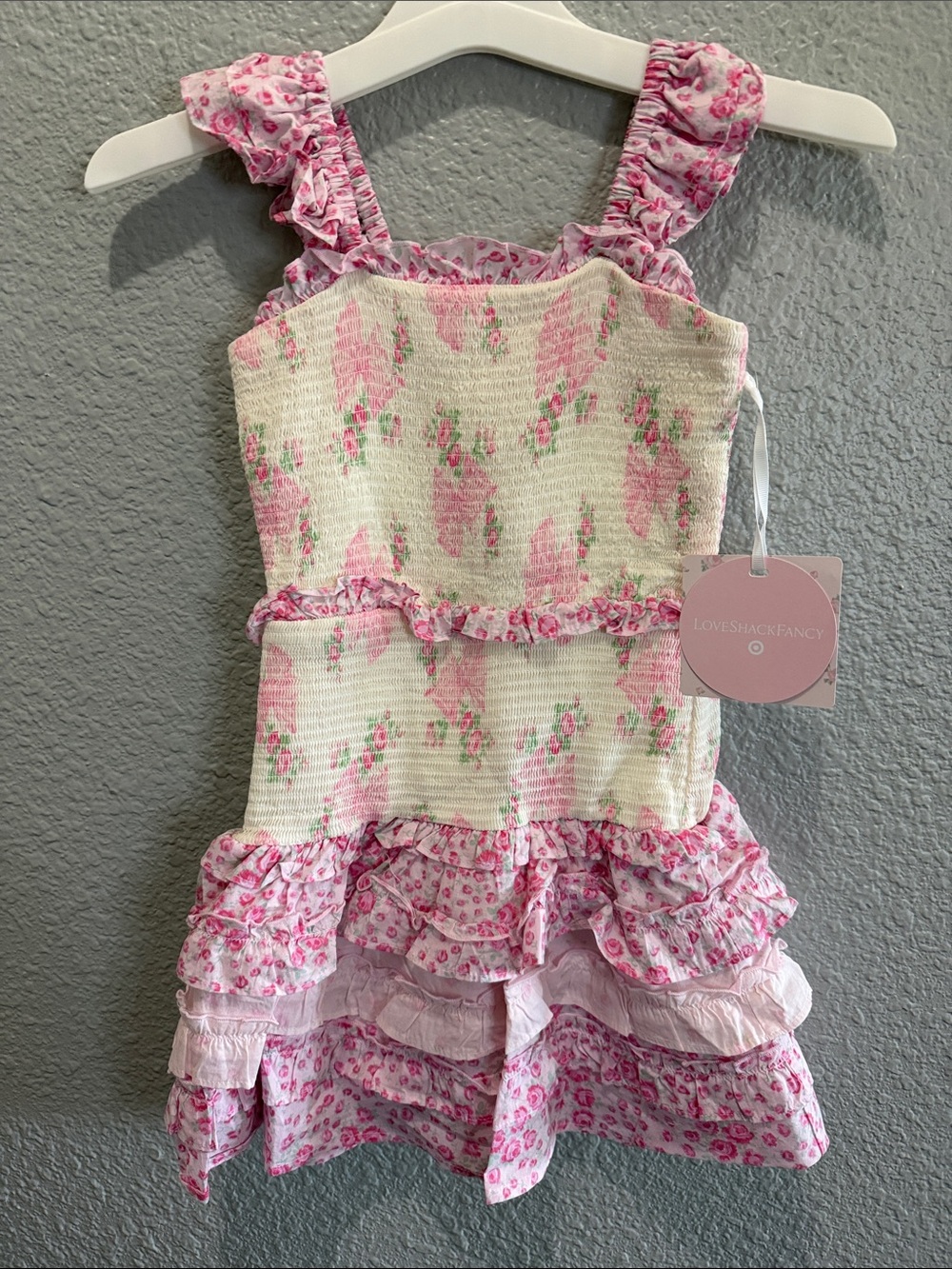 Love Shack Fancy Girls' Pink Ruffled Floral Tiered Dress size 7 - Picture 2 of 5
